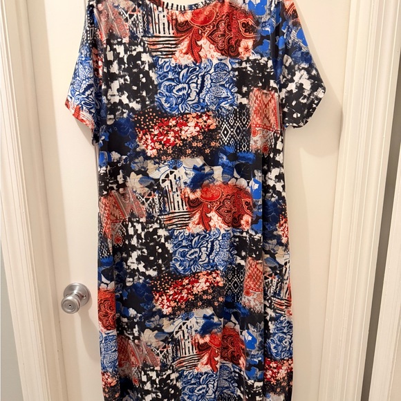 LuLaRoe “Jessie” Vibrant Blue and Red Patterned Midi Dress - Picture 2 of 4